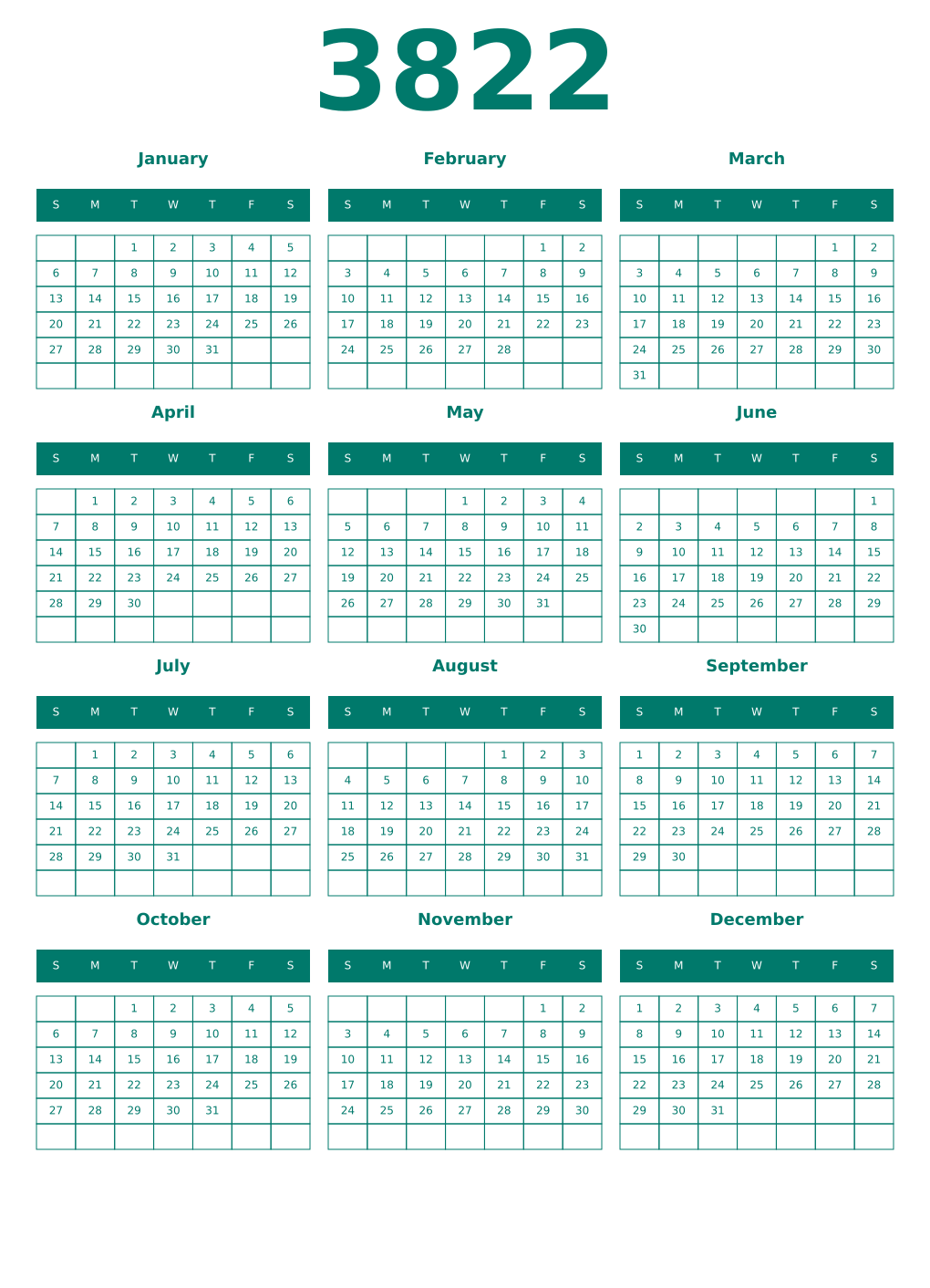 Printable 3822 Year Calendars pastel