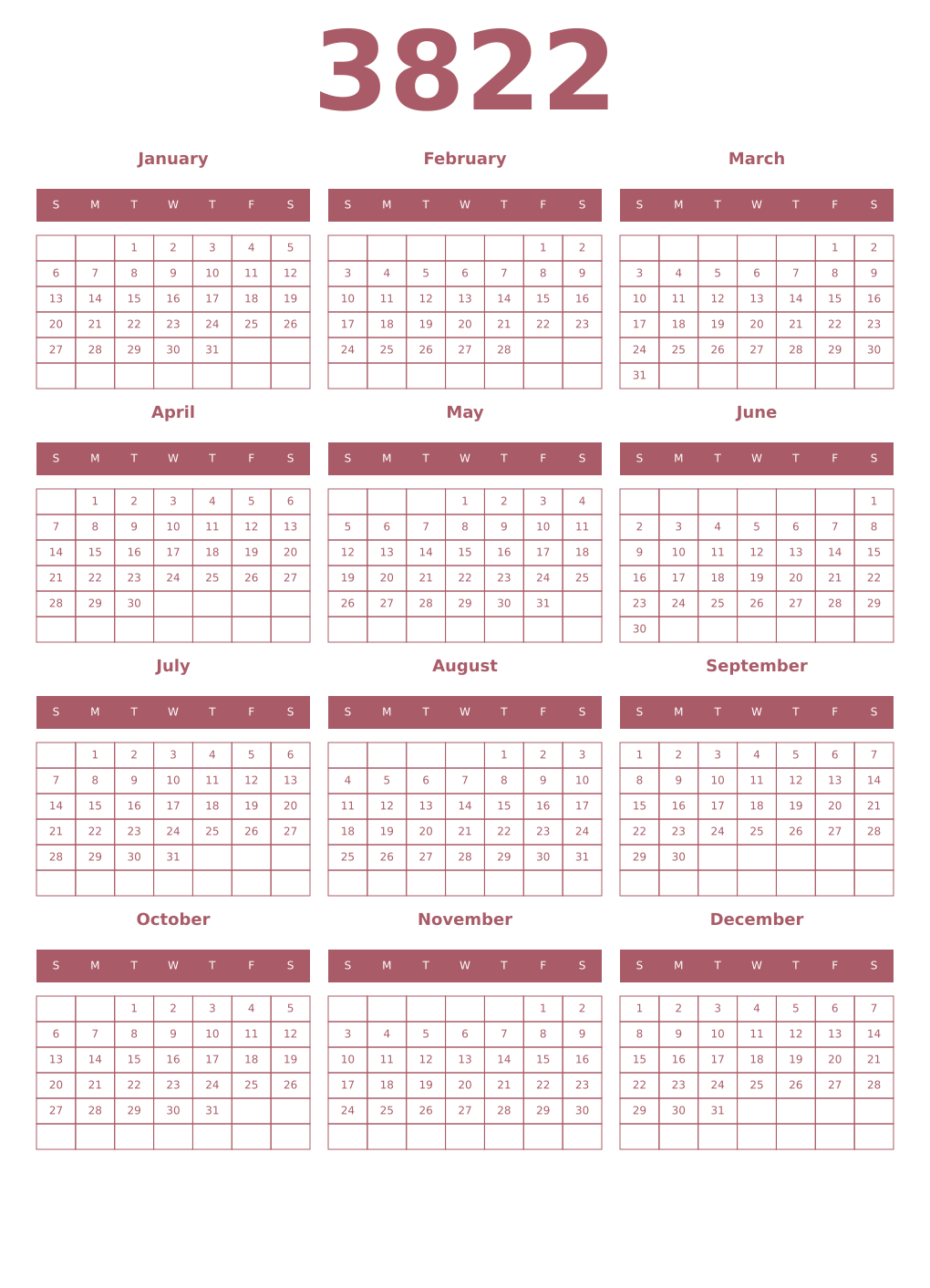 Printable 3822 Year Calendars puce