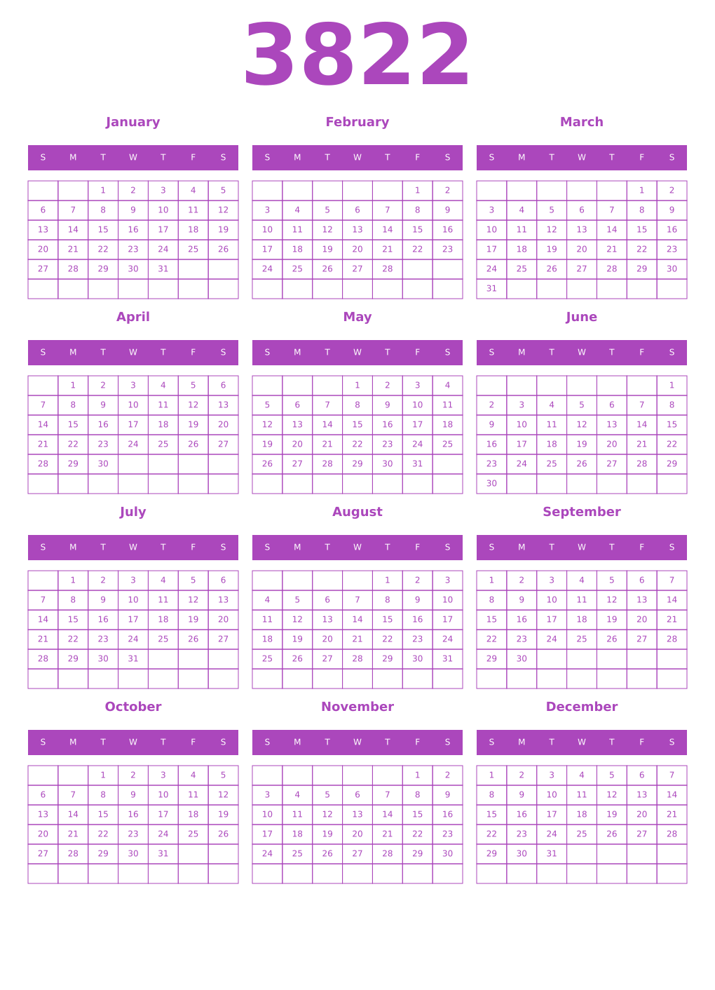Printable 3822 Year Calendars purple