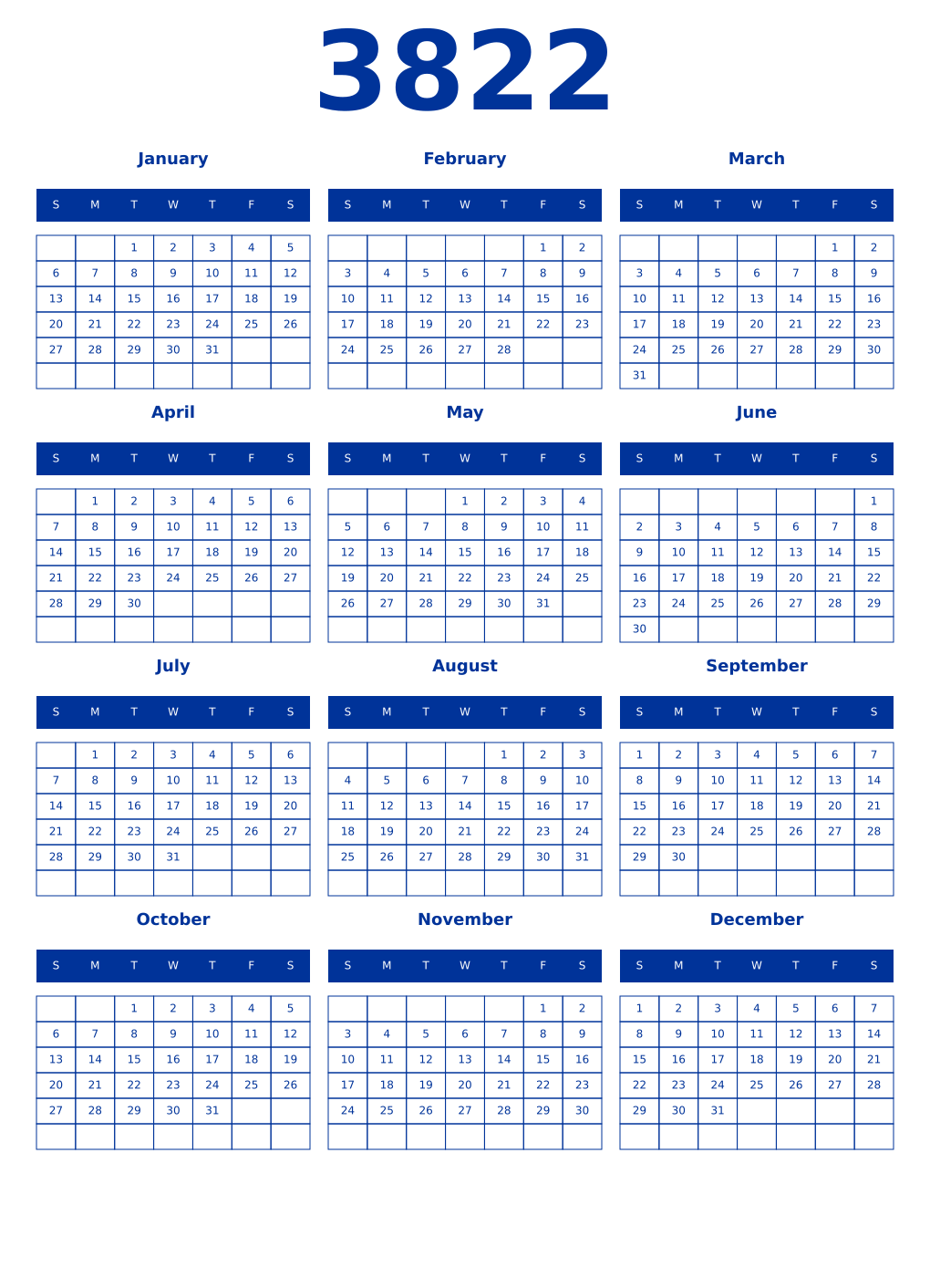 Printable 3822 Year Calendars smalt