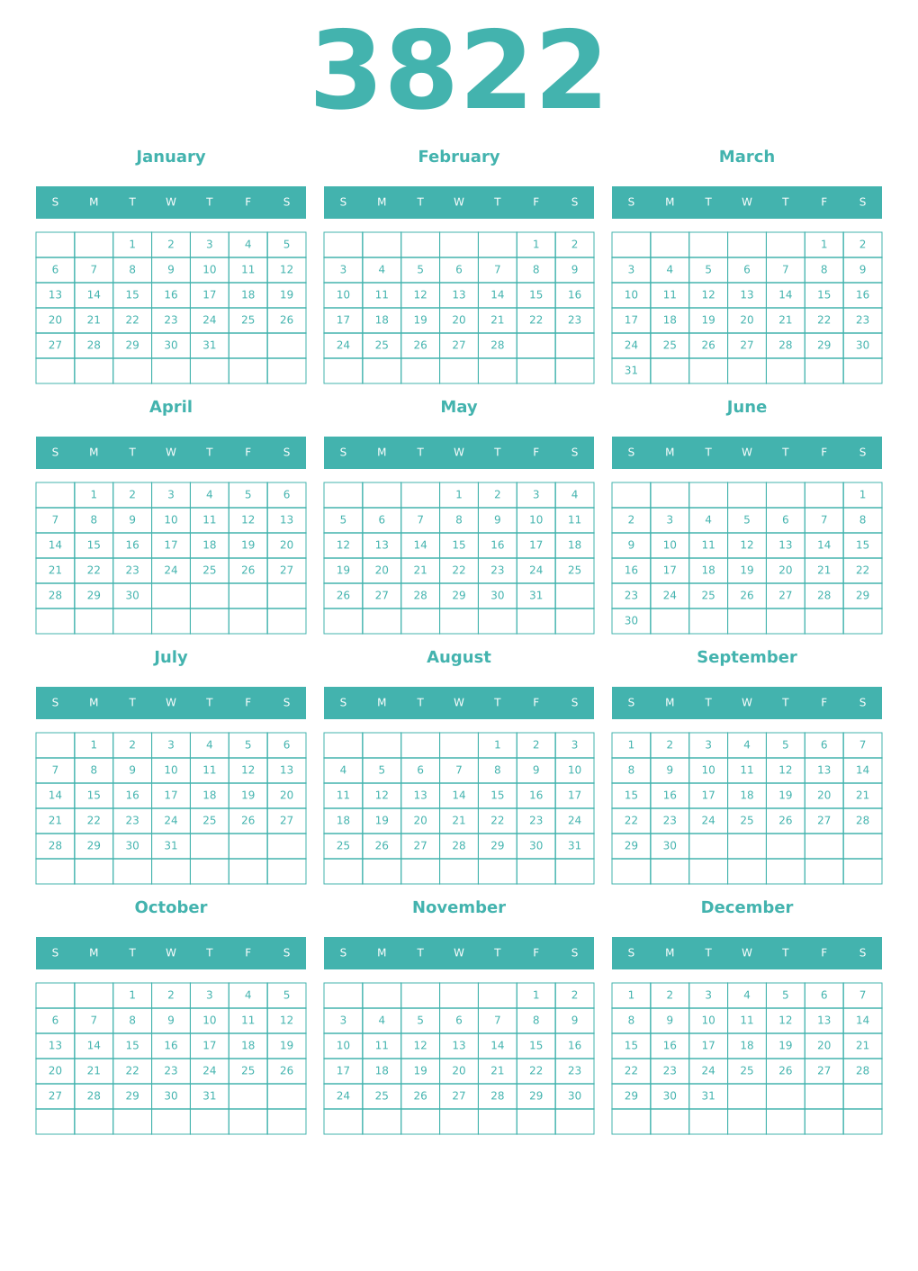 Printable 3822 Year Calendars verdigris