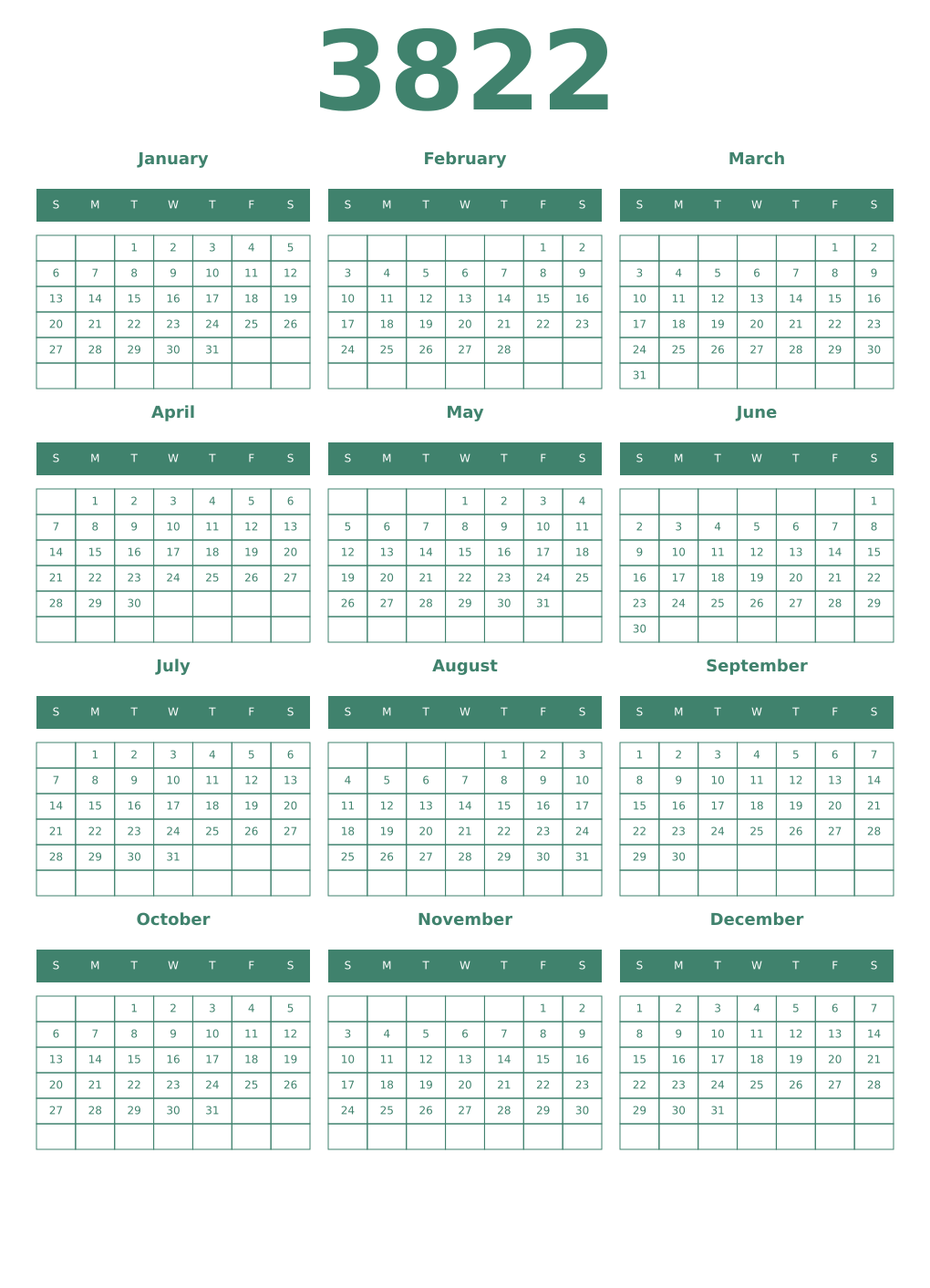 Printable 3822 Year Calendars viridian