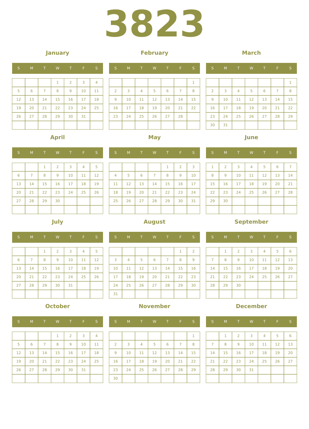 Printable 3823 Year Calendars eburnean