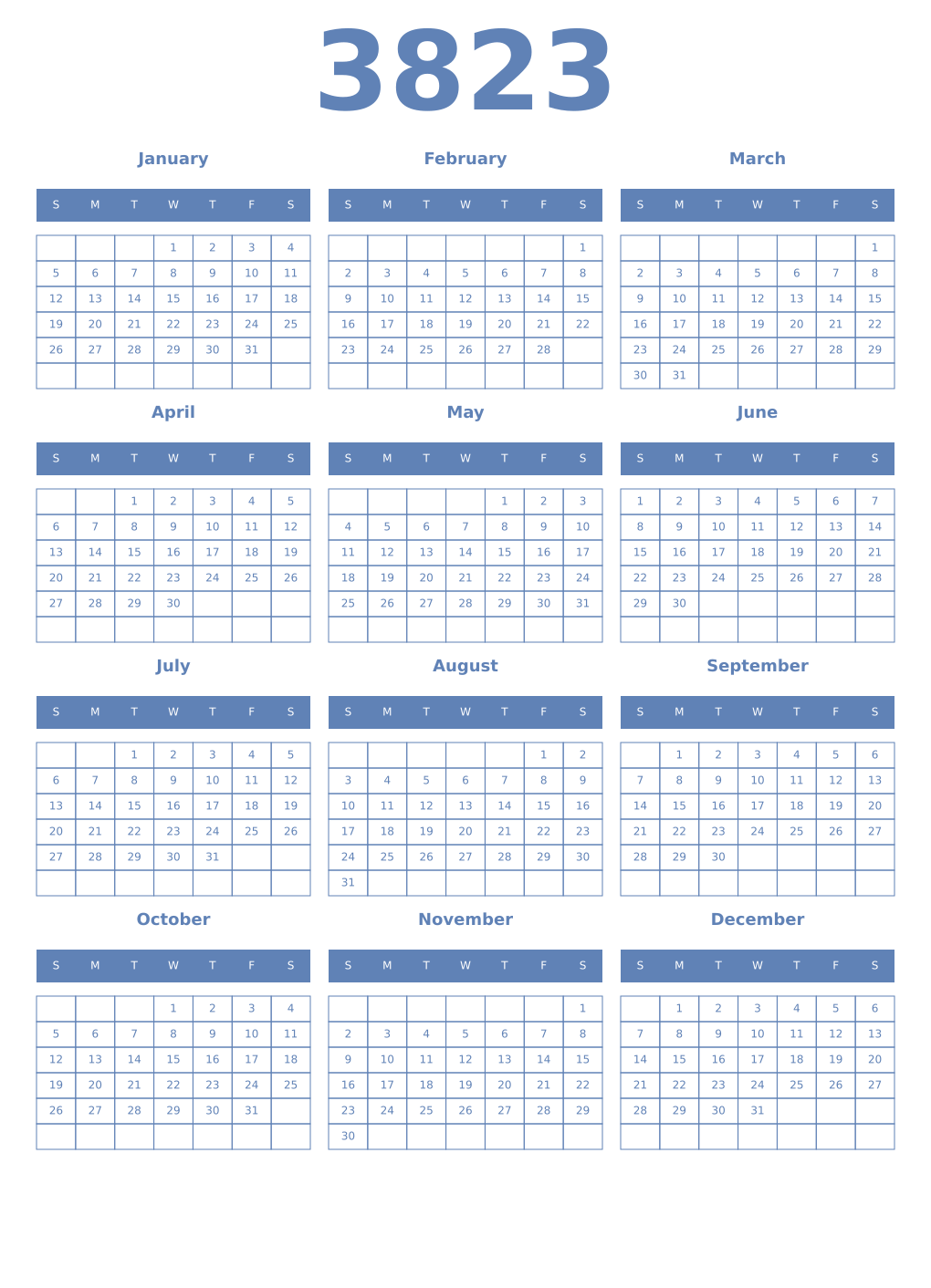 Printable 3823 Year Calendars glaucous