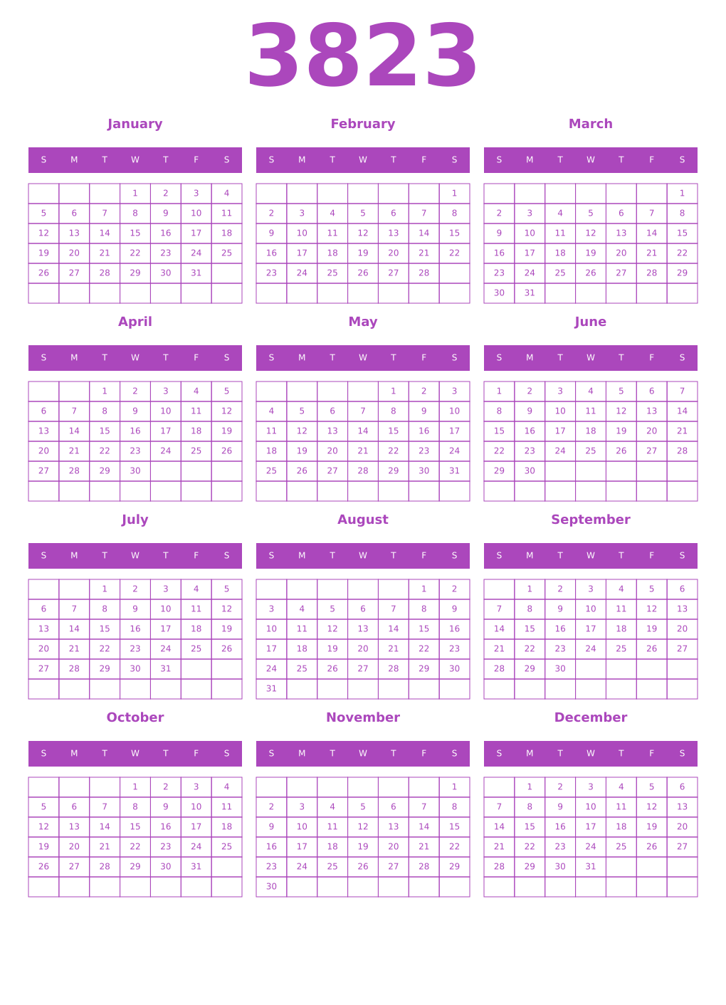 Printable 3823 Year Calendars purple