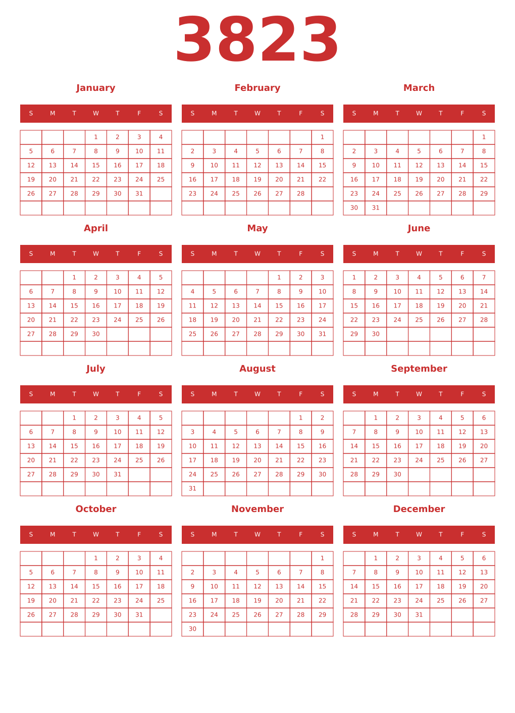 Printable 3823 Year Calendars red