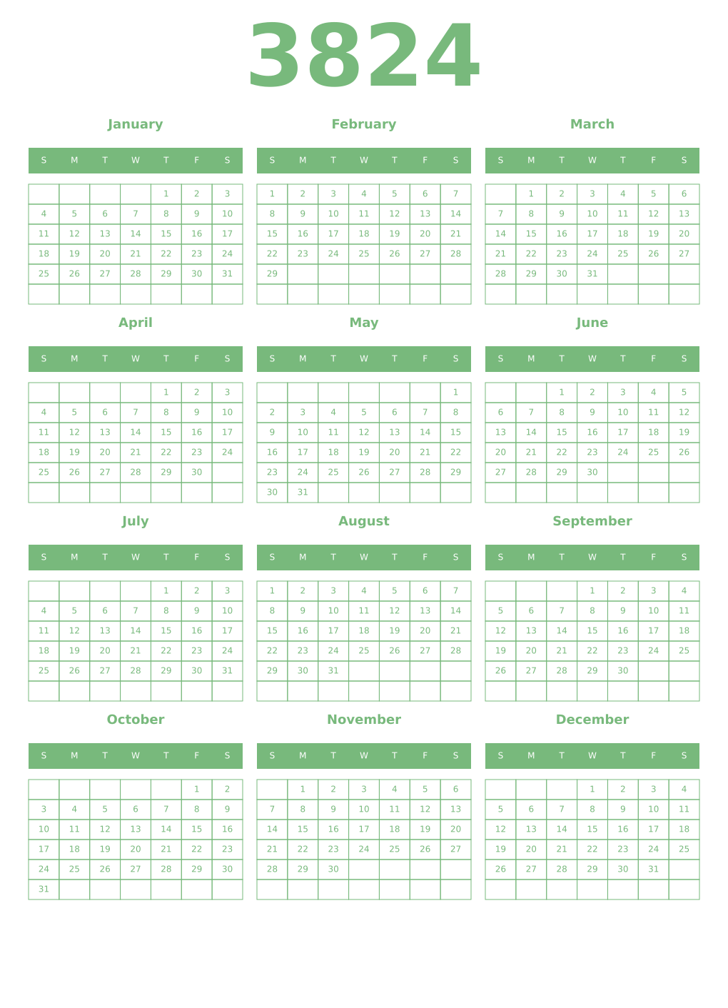 Printable 3824 Year Calendars celadon