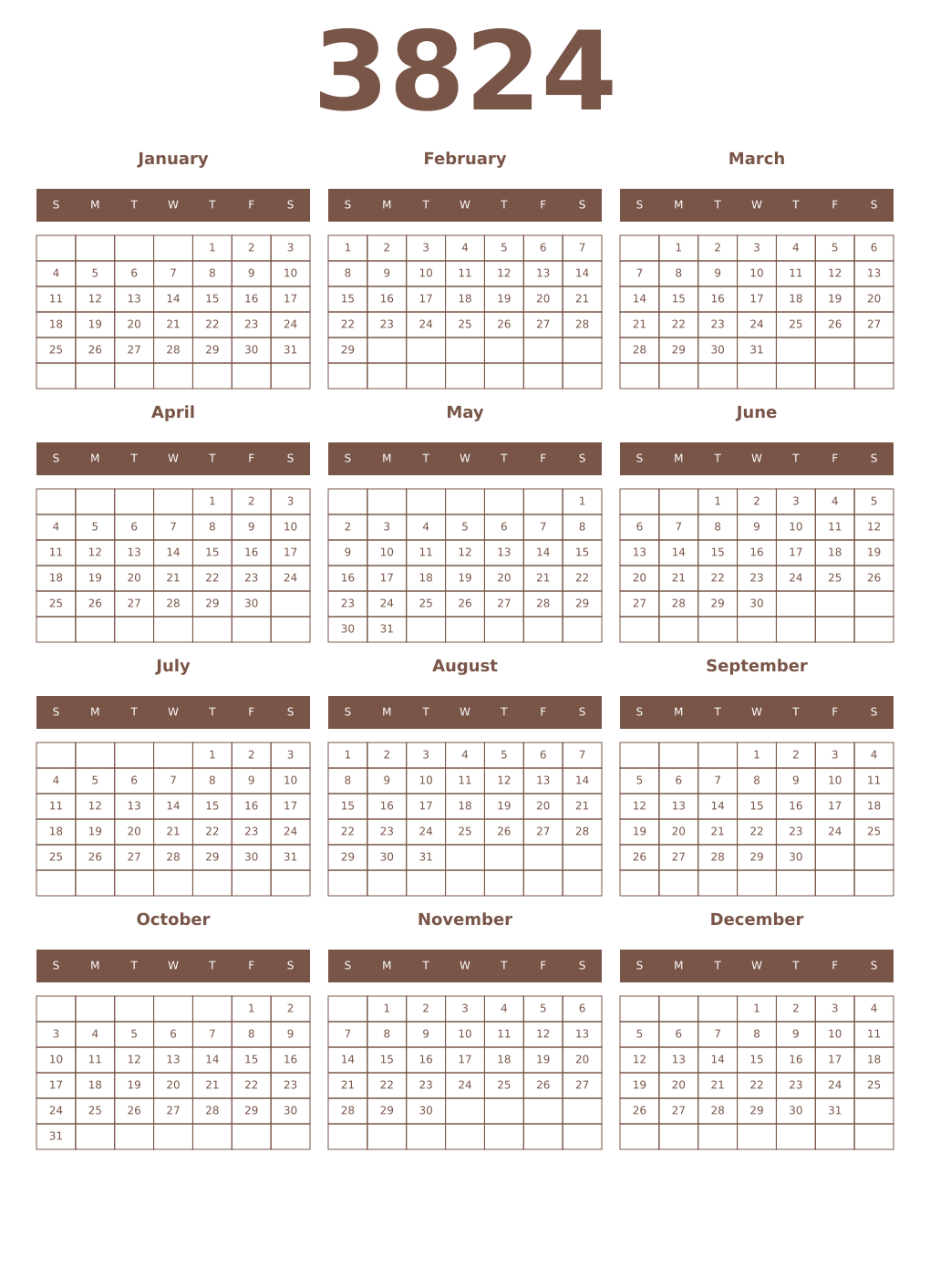 Printable 3824 Year Calendars coffe