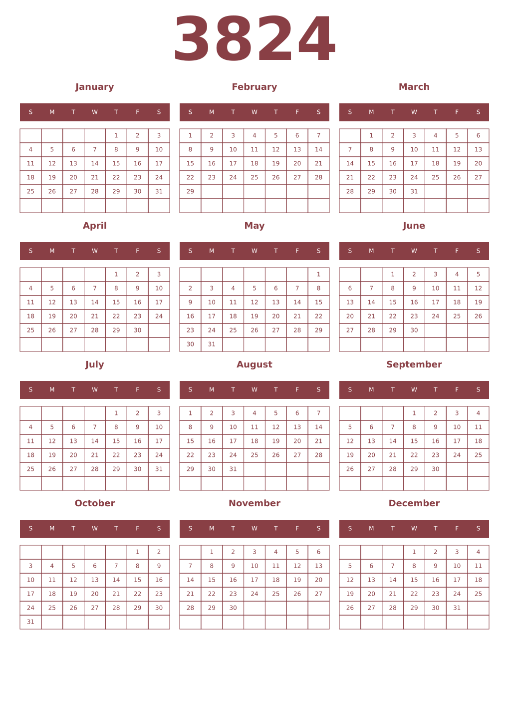 Printable 3824 Year Calendars cordovan