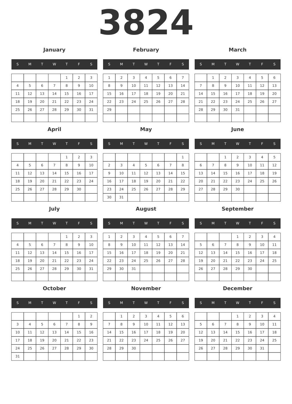 Printable 3824 Year Calendars dark