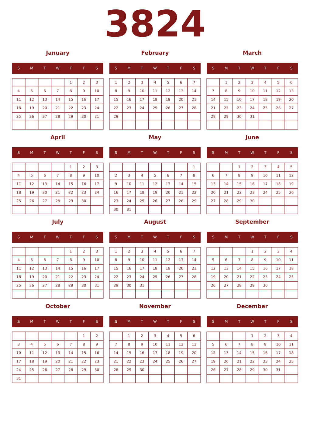 Printable 3824 Year Calendars falu