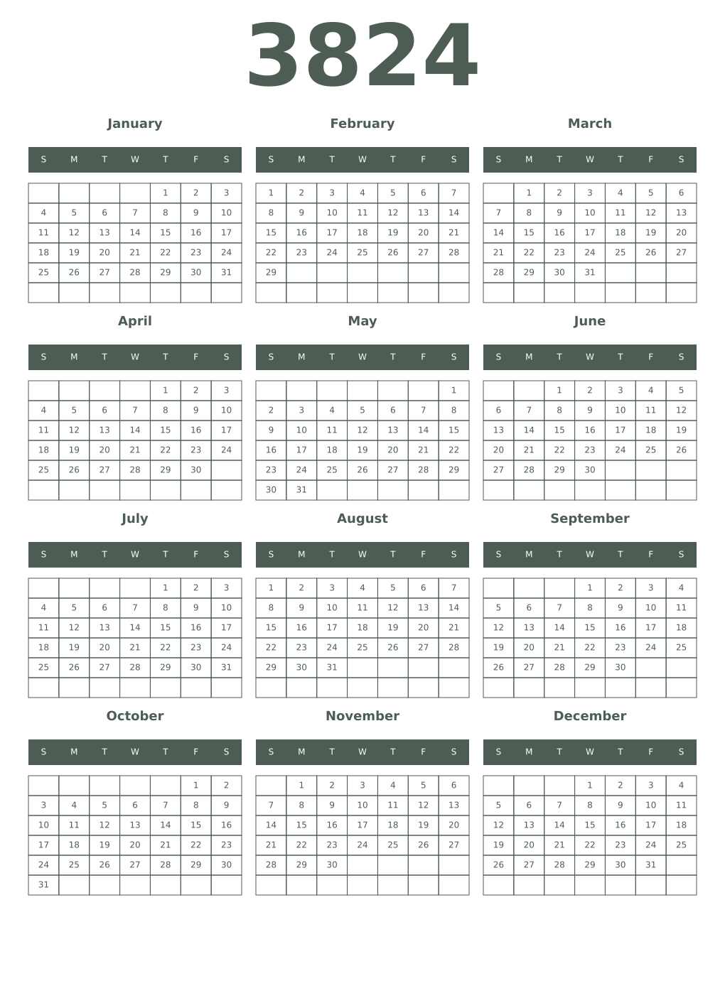 Printable 3824 Year Calendars feldgrau