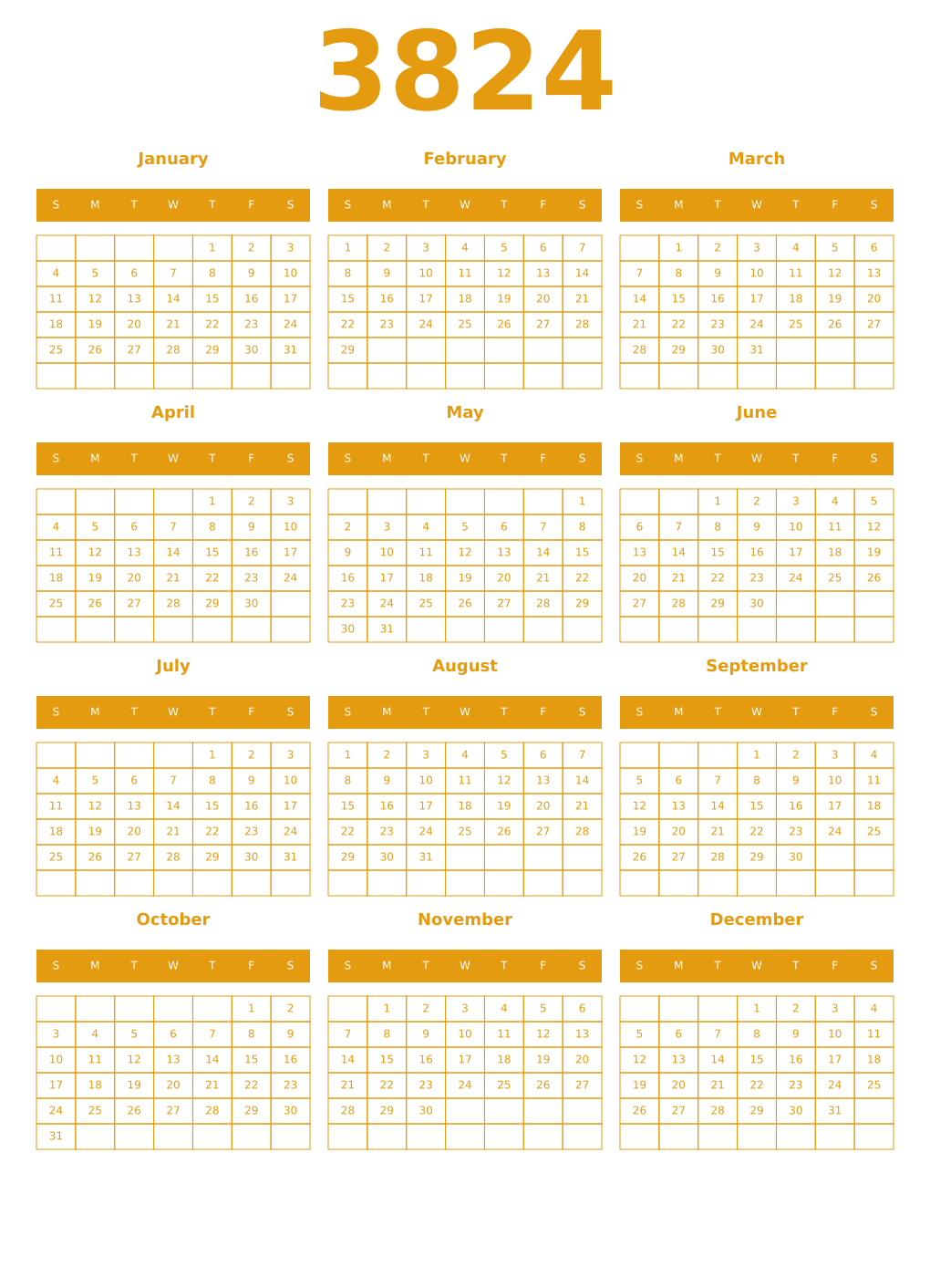 Printable 3824 Year Calendars gamboge