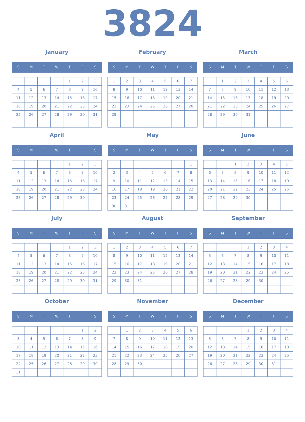 Printable 3824 Year Calendars glaucous