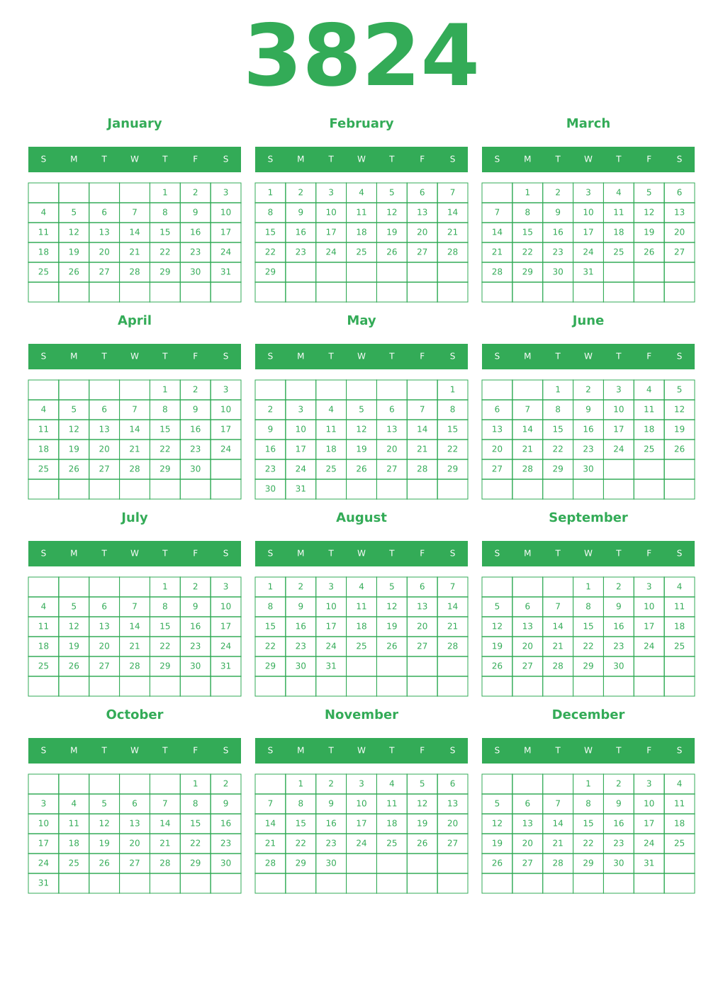 Printable 3824 Year Calendars green