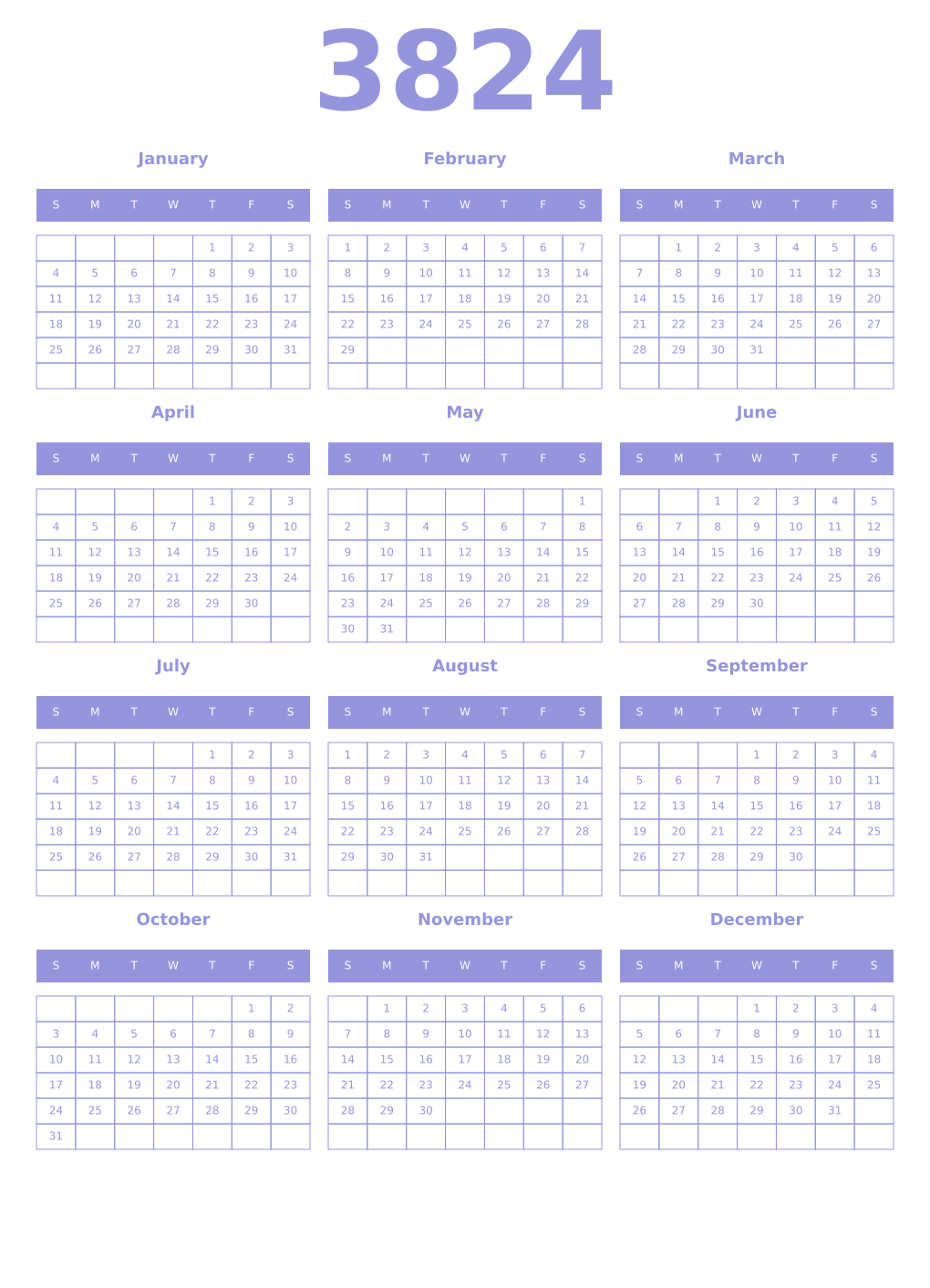 Printable 3824 Year Calendars periwinkle