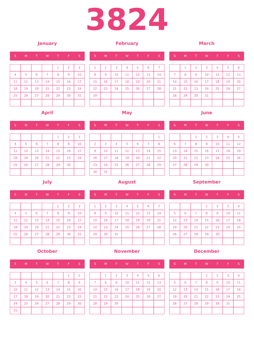 Printable 3824 Year Calendars pink