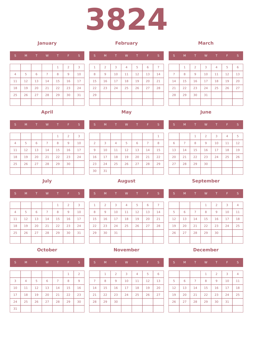 Printable 3824 Year Calendars puce