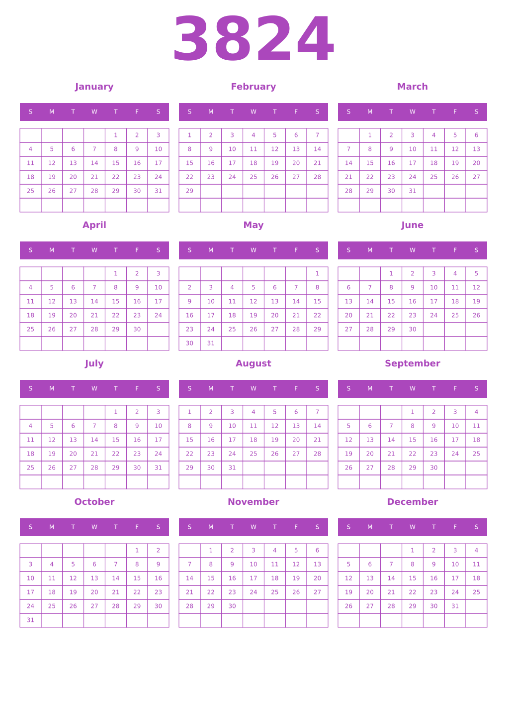 Printable 3824 Year Calendars purple