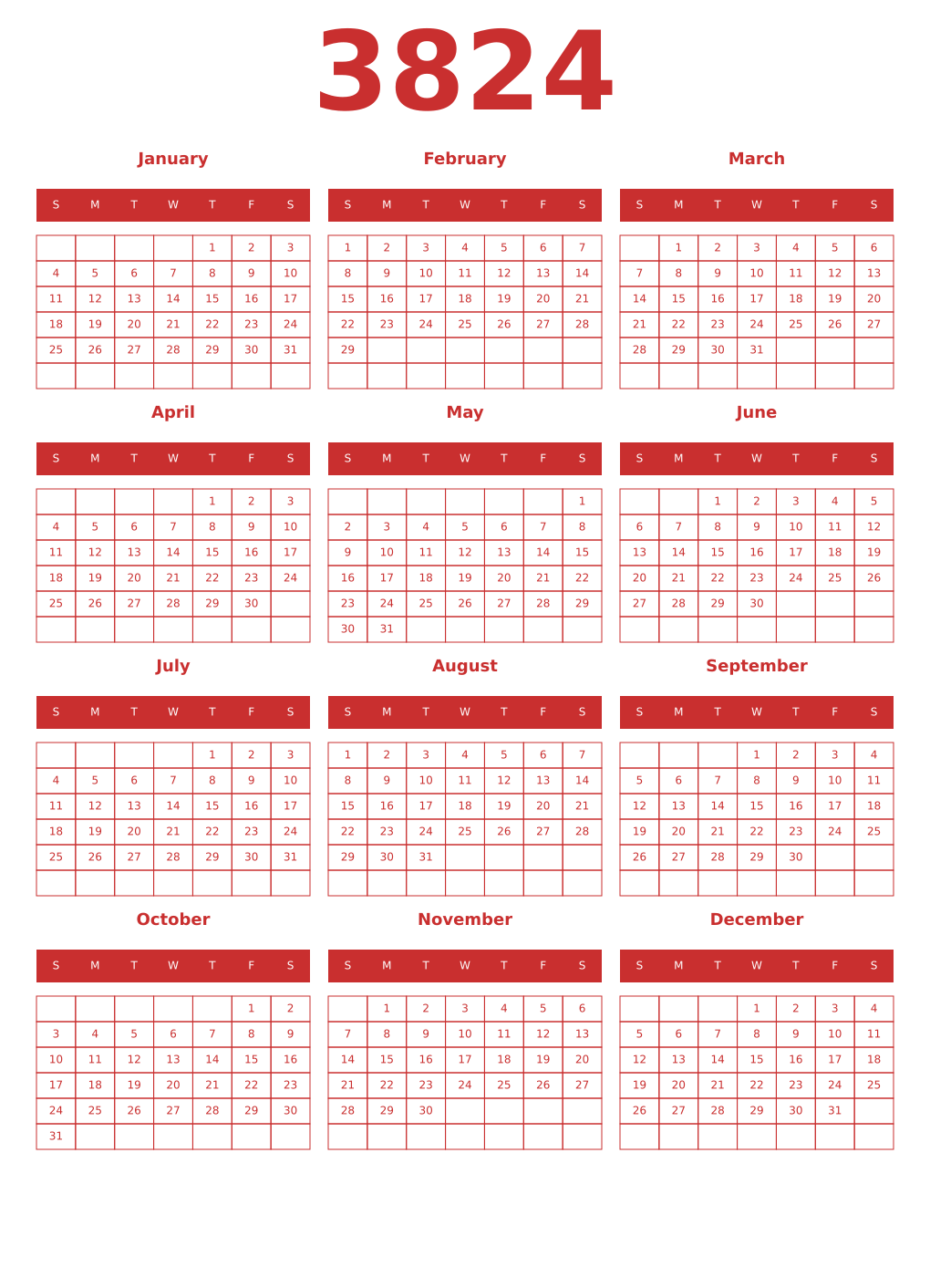 Printable 3824 Year Calendars red