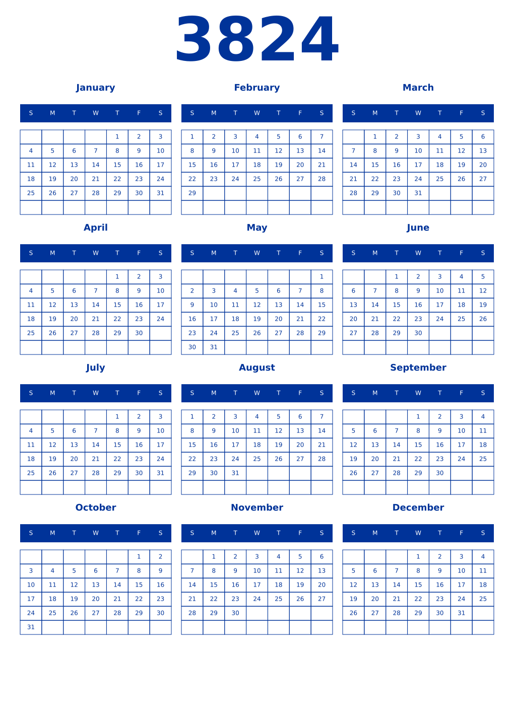 Printable 3824 Year Calendars smalt
