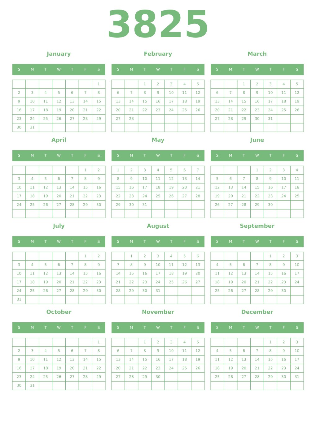 Printable 3825 Year Calendars celadon