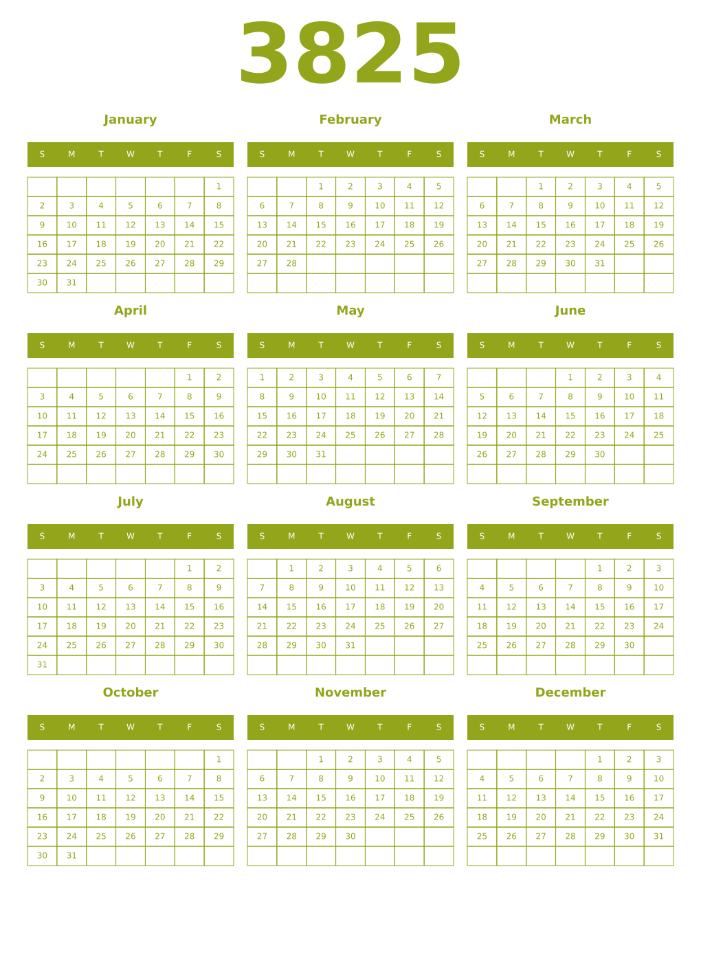 Printable 3825 Year Calendars chartreuse
