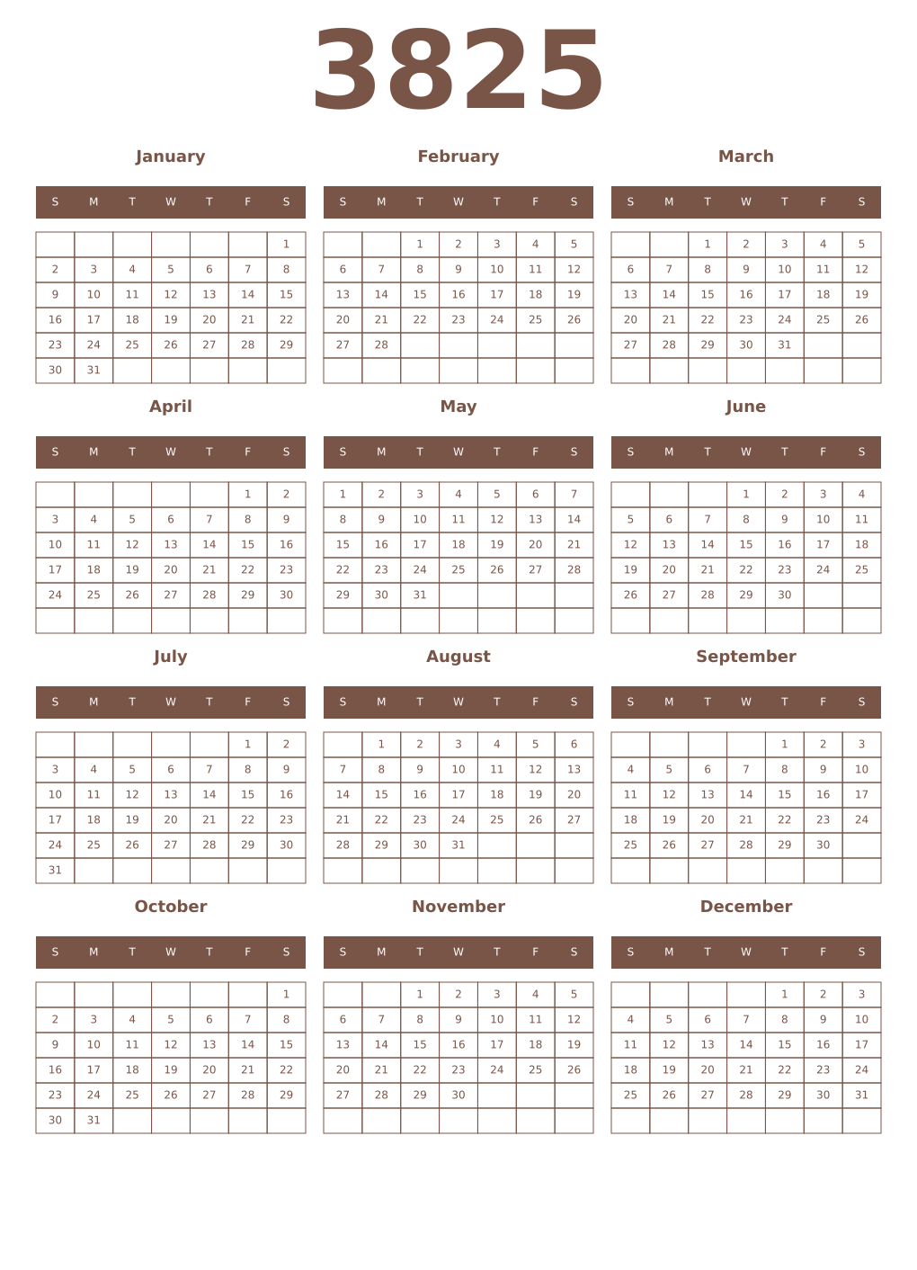 Printable 3825 Year Calendars coffe