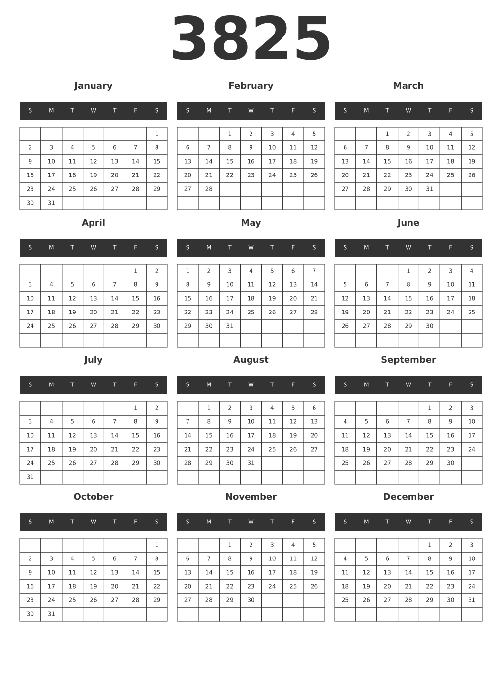 Printable 3825 Year Calendars dark