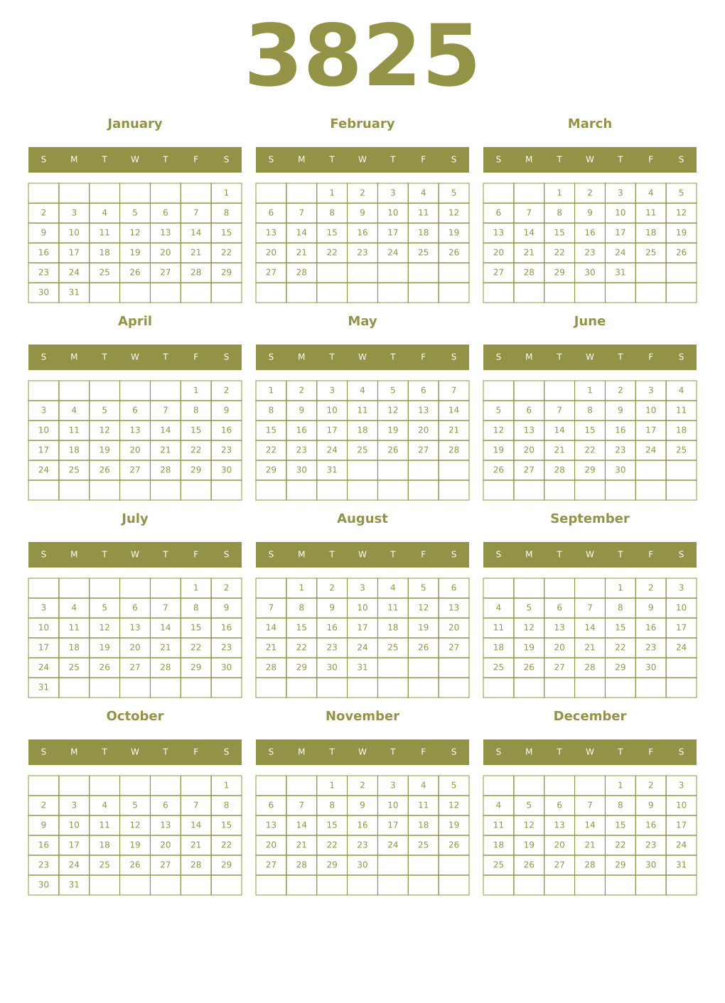Printable 3825 Year Calendars eburnean