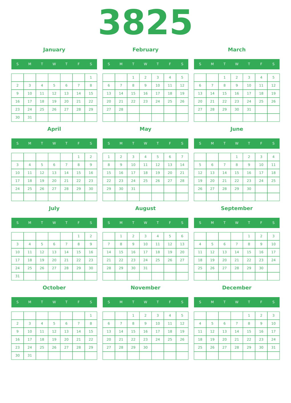 Printable 3825 Year Calendars green
