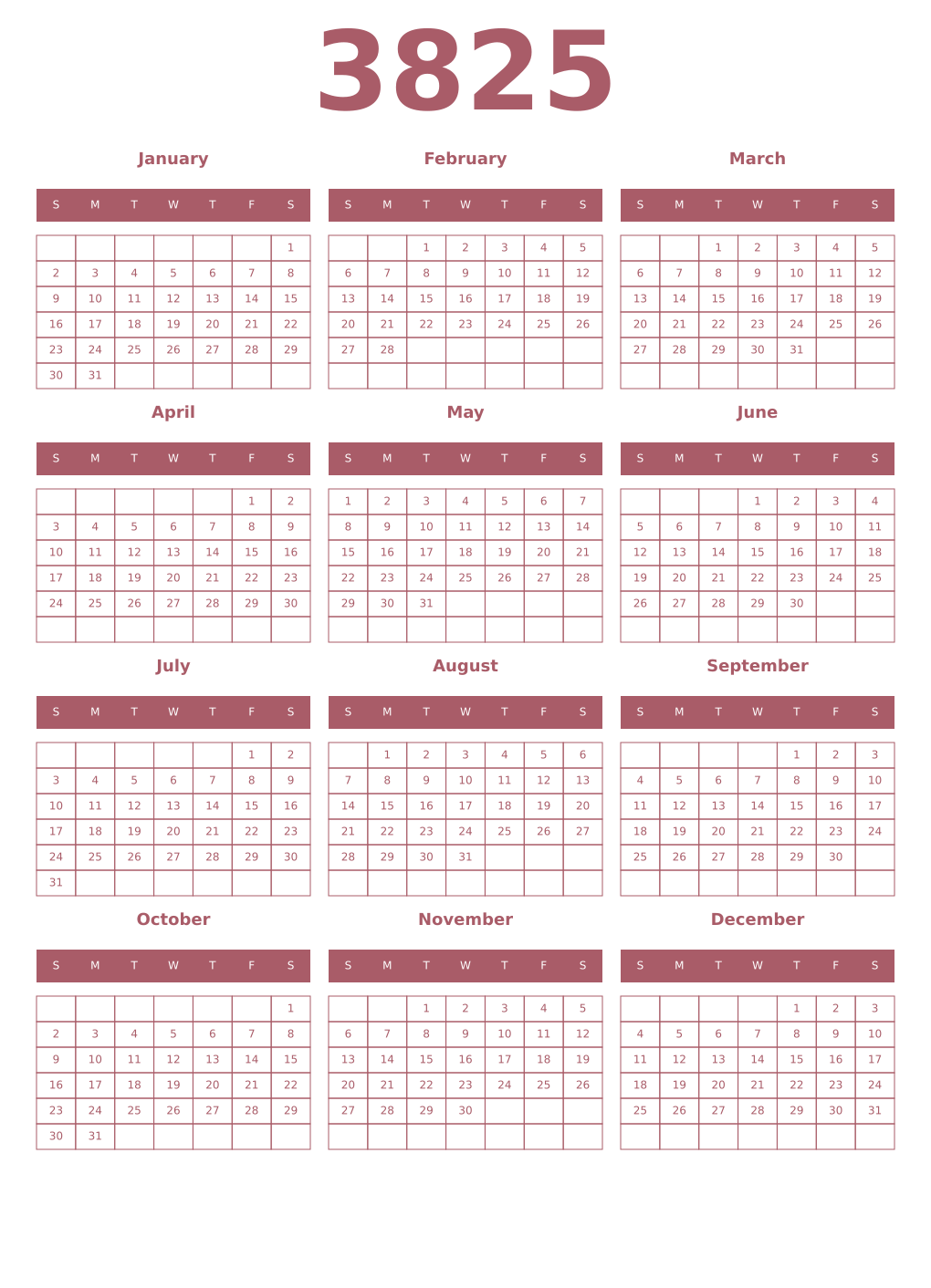 Printable 3825 Year Calendars puce