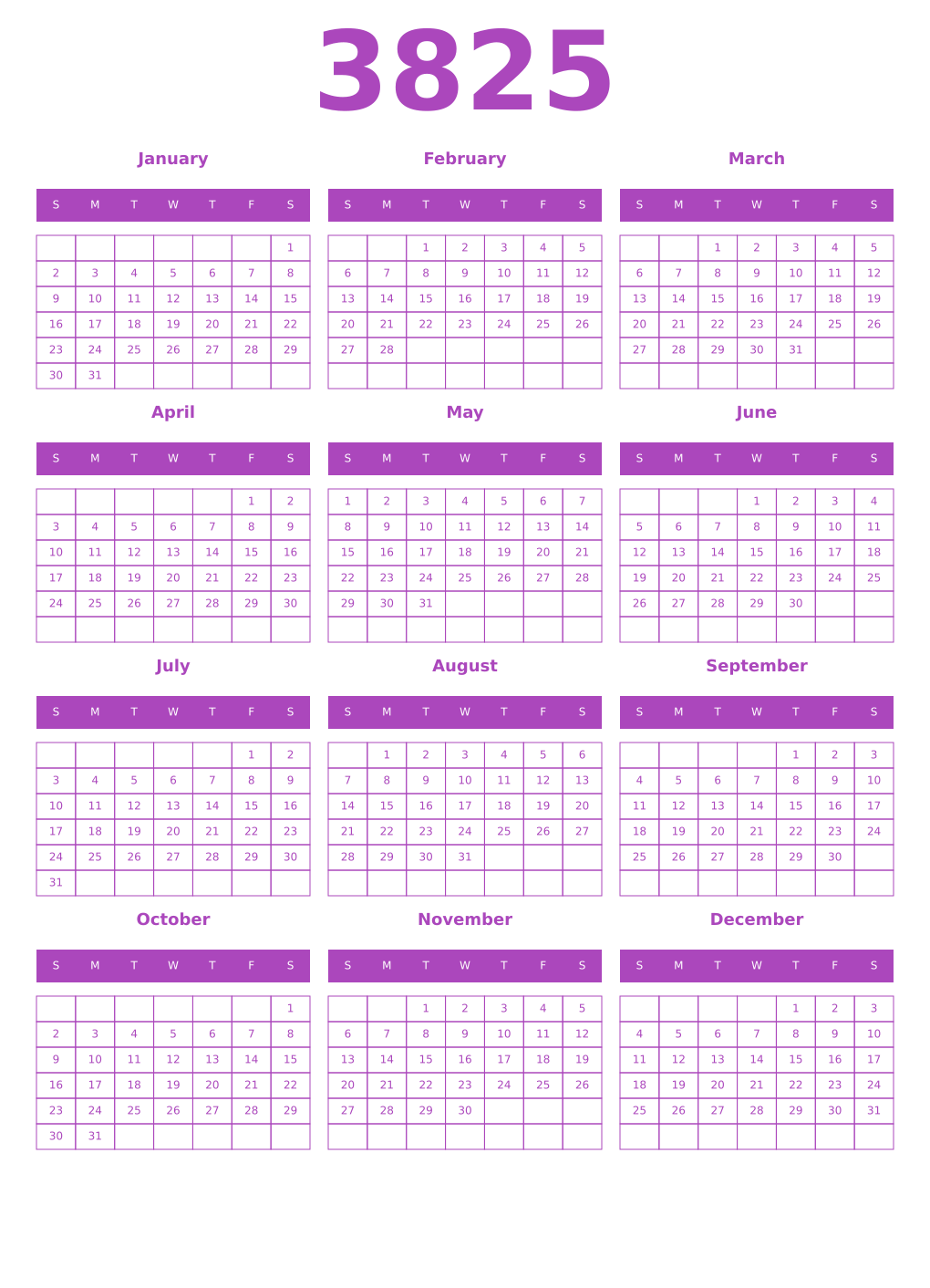 Printable 3825 Year Calendars purple