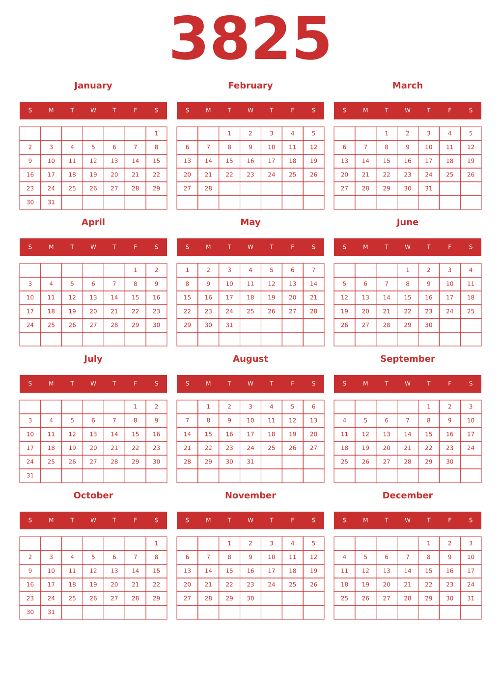 Printable 3825 Year Calendars red