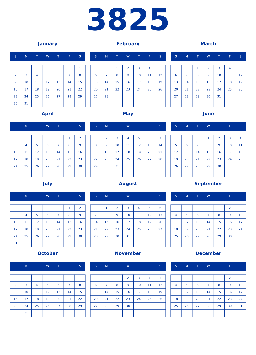 Printable 3825 Year Calendars smalt