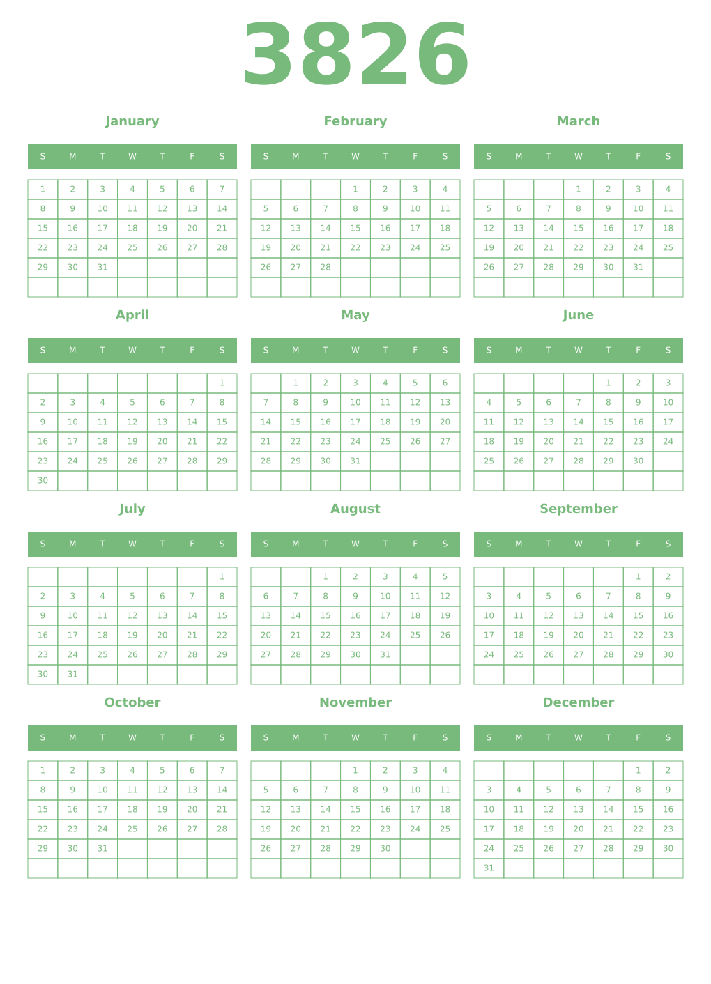 Printable 3826 Year Calendars celadon
