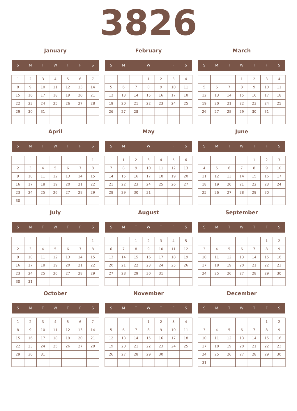 Printable 3826 Year Calendars coffe