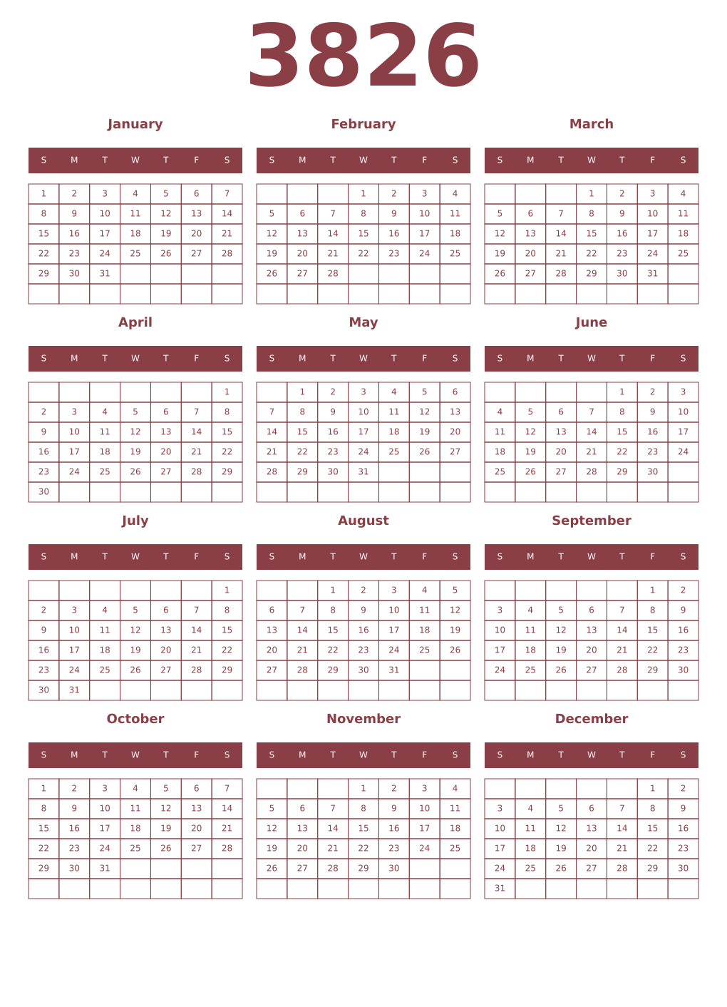 Printable 3826 Year Calendars cordovan
