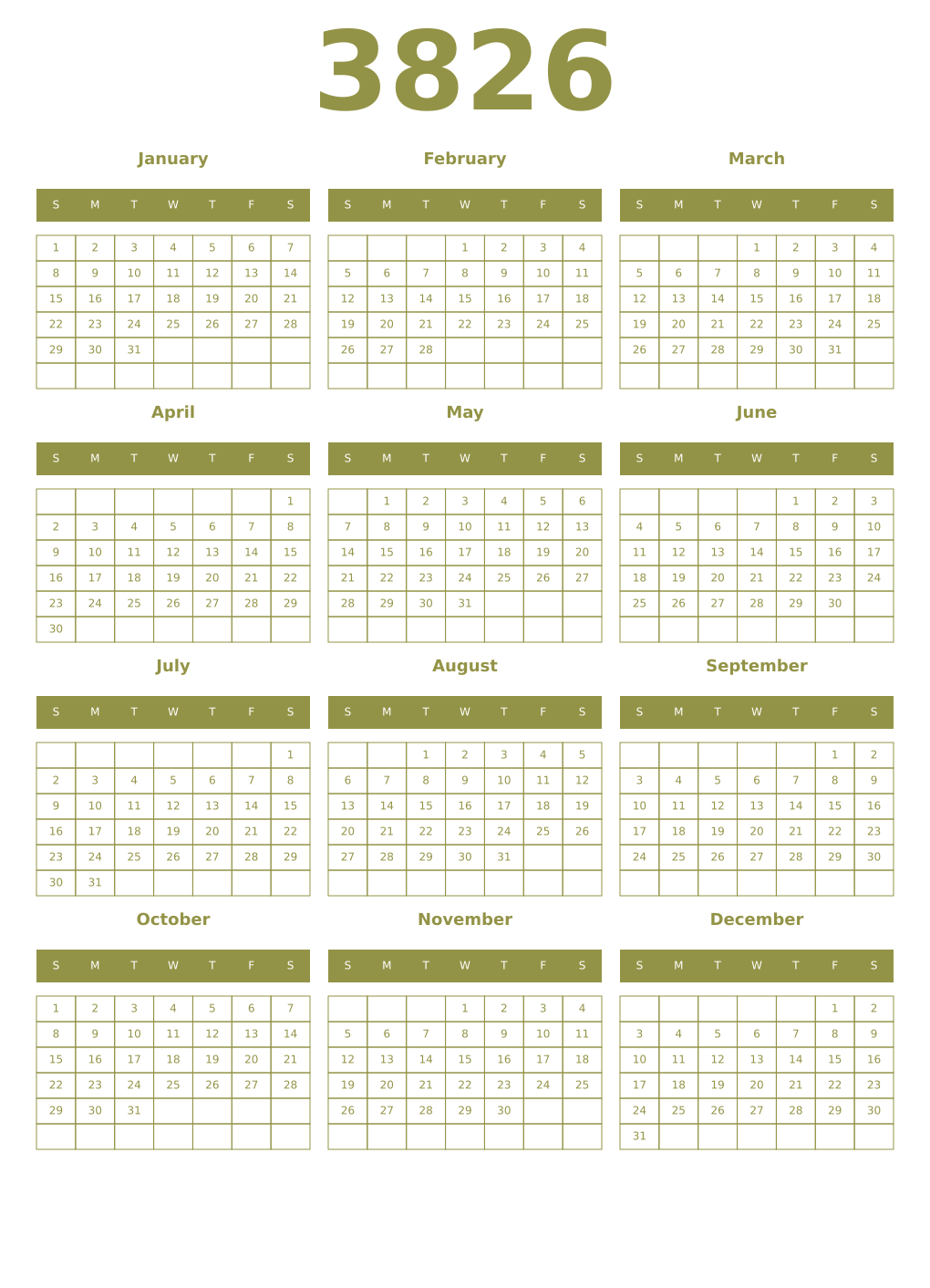 Printable 3826 Year Calendars eburnean