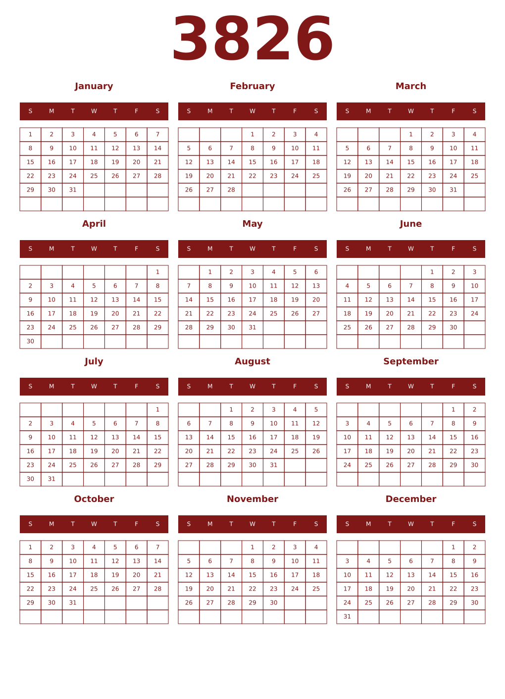 Printable 3826 Year Calendars falu