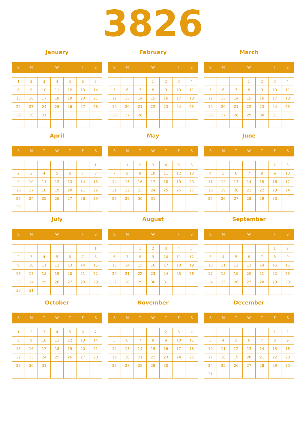 Printable 3826 Year Calendars gamboge
