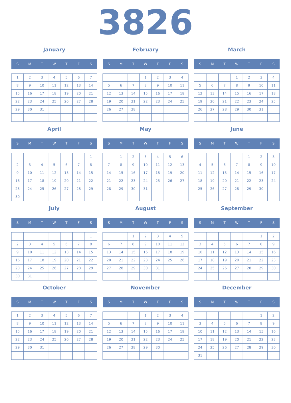 Printable 3826 Year Calendars glaucous