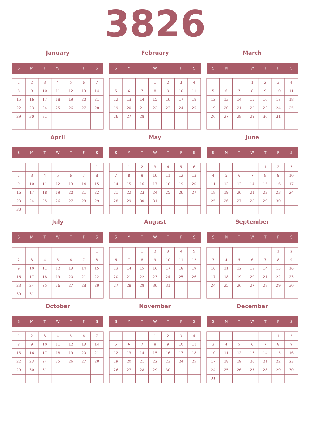 Printable 3826 Year Calendars puce