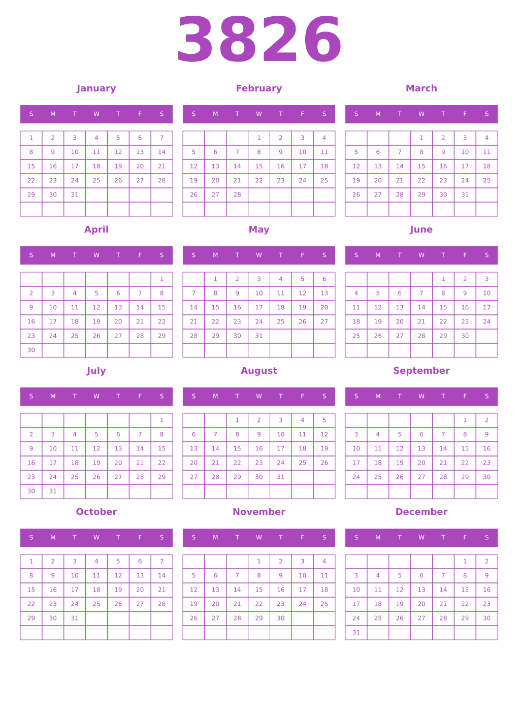 Printable 3826 Year Calendars purple