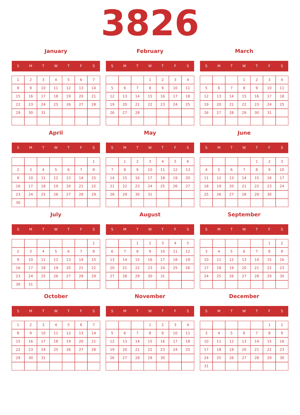 Printable 3826 Year Calendars red