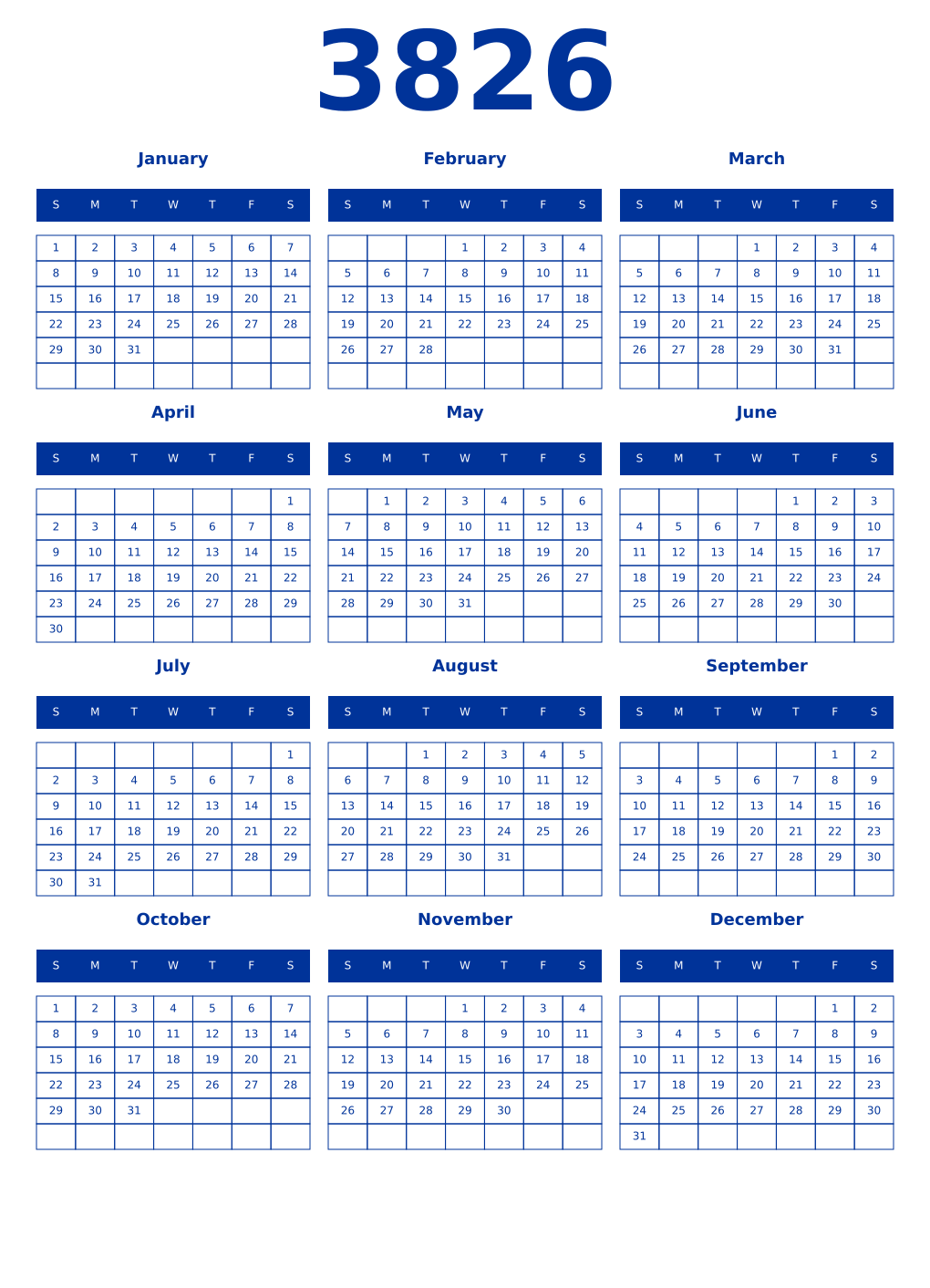 Printable 3826 Year Calendars smalt