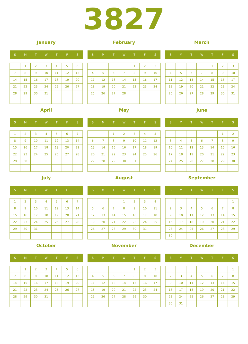 Printable 3827 Year Calendars chartreuse