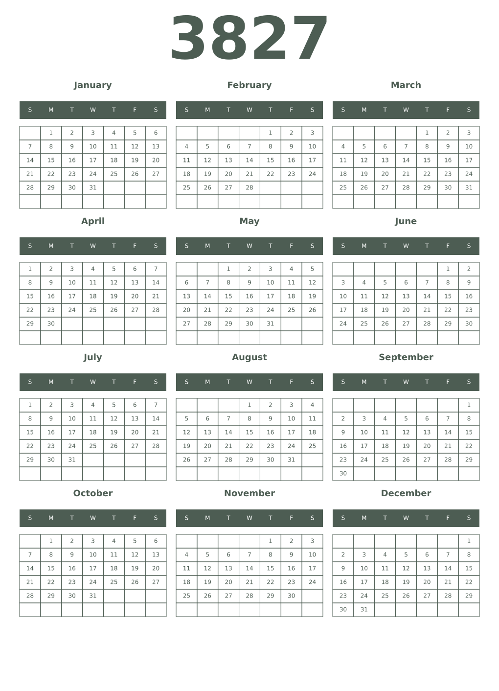 Printable 3827 Year Calendars feldgrau