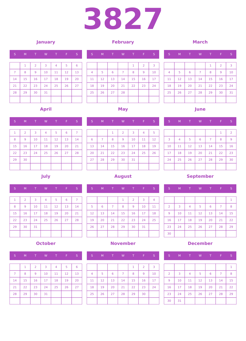Printable 3827 Year Calendars purple