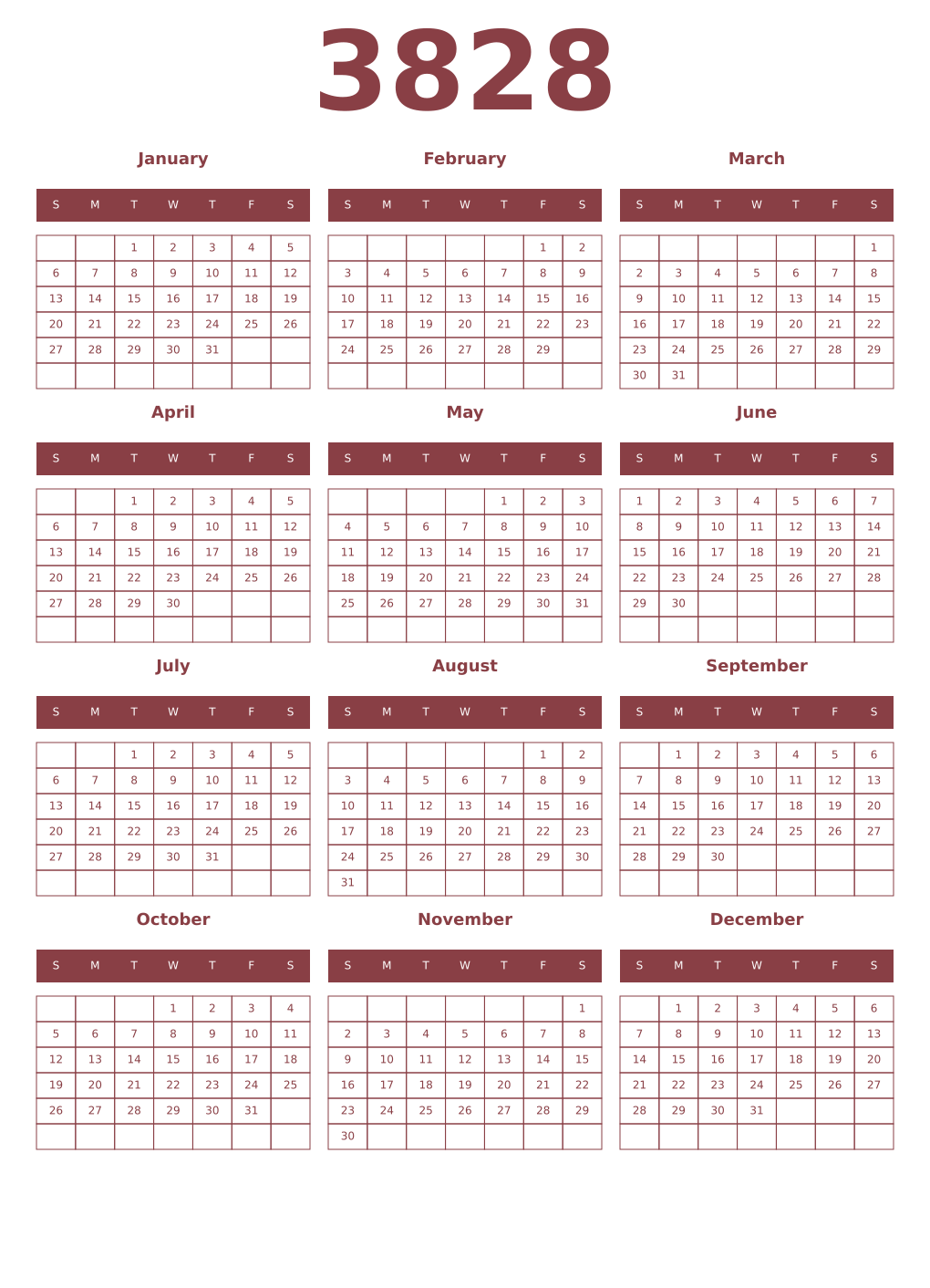 Printable 3828 Year Calendars cordovan
